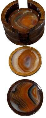 VTG Brazilian Agate Coaster Set of 6 with Wood Holder Cataratas Brasil MCM Geode